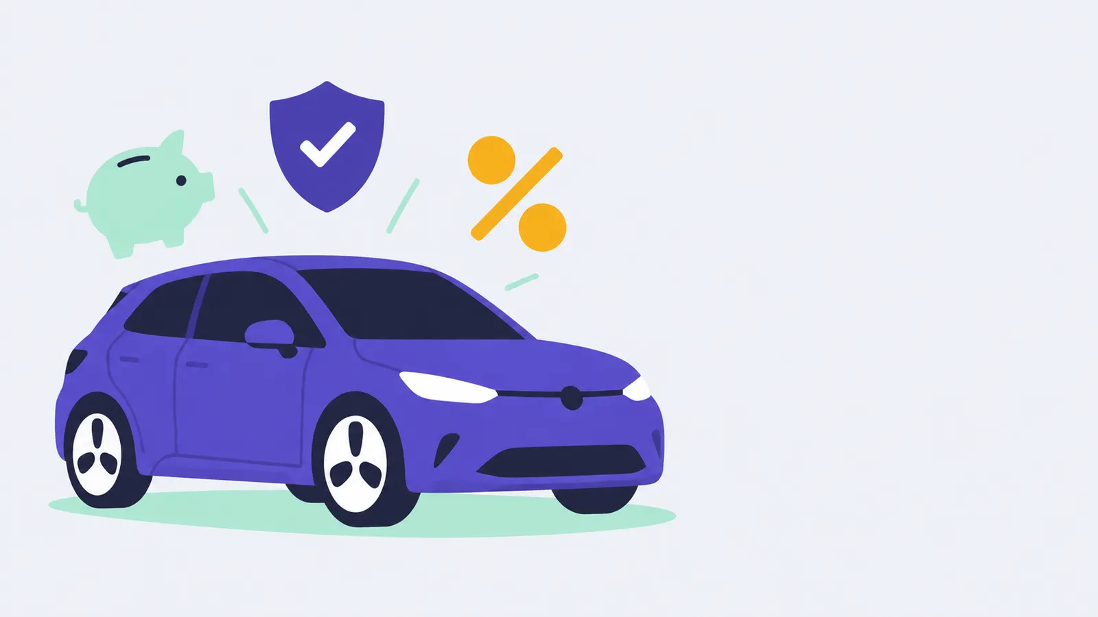 Auto eléctrico acompañado por símbolos de una alcancía, un escudo y un porcentaje.