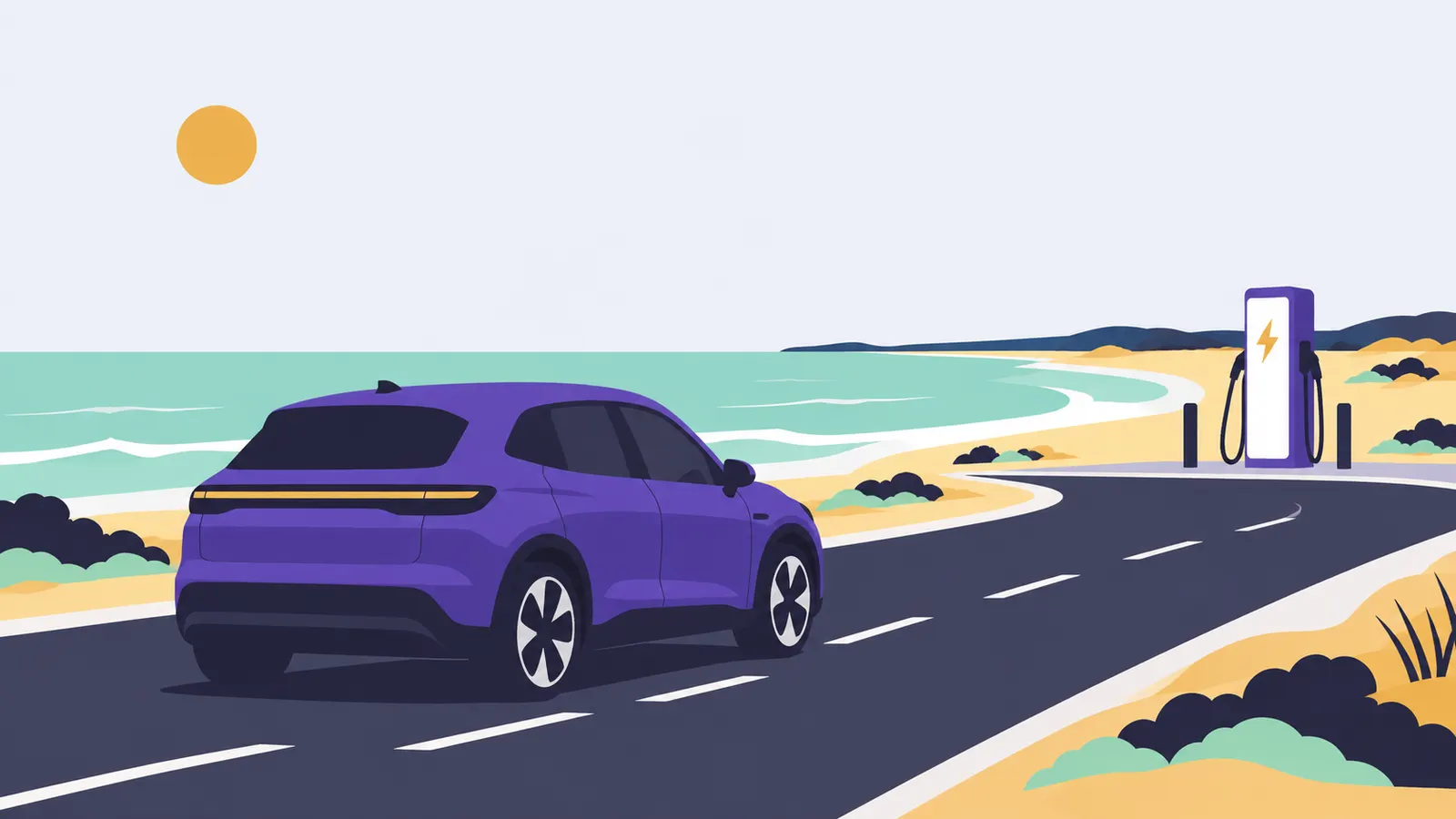 Auto eléctrico en una carretera costera uruguaya con una estación de carga rápida más adelante.